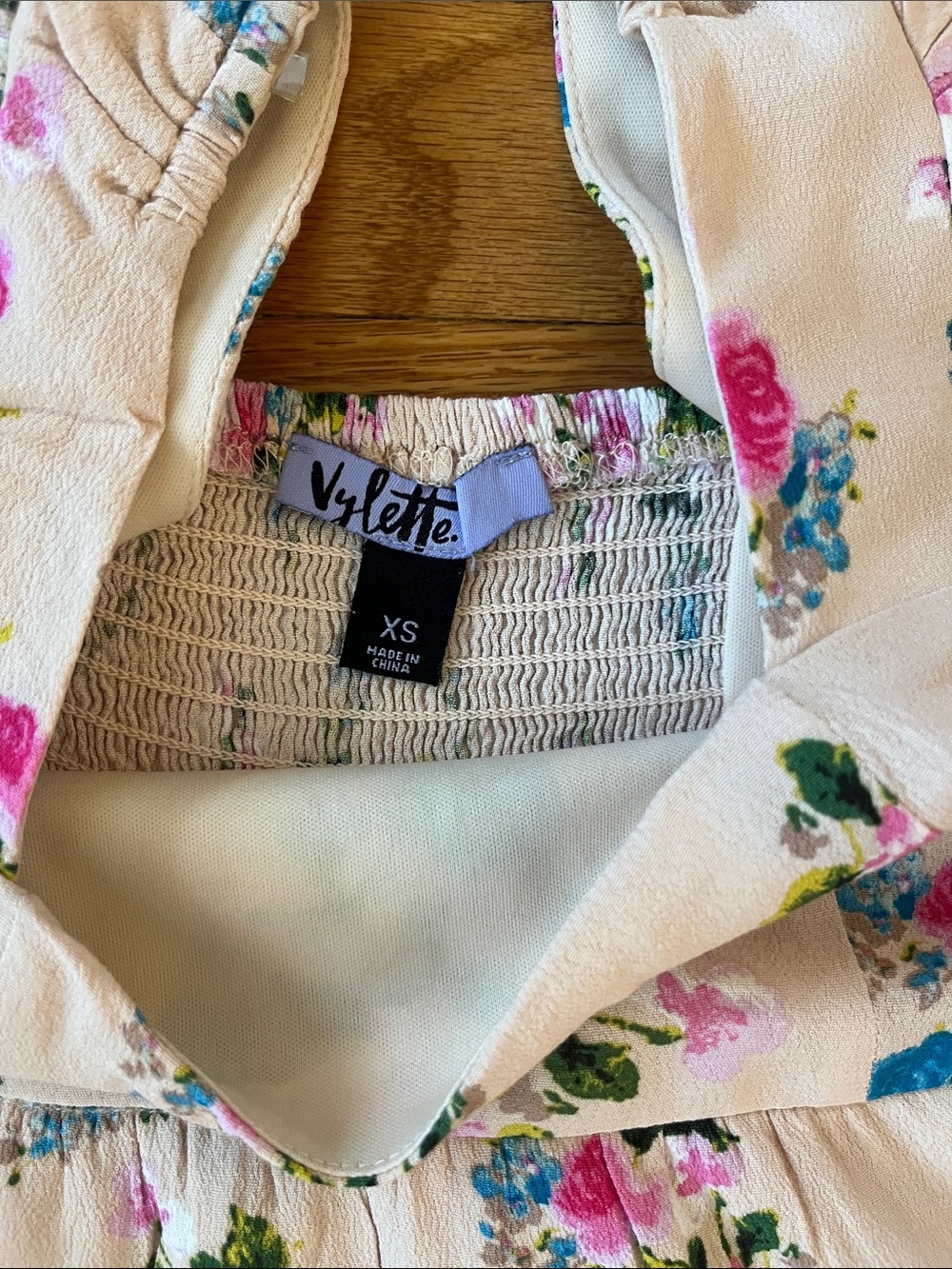 VYLETTE Floral Puff Sleeve Dress XS Cream Pink Blue Smocked Back Cottagecore - Picture 2 of 5